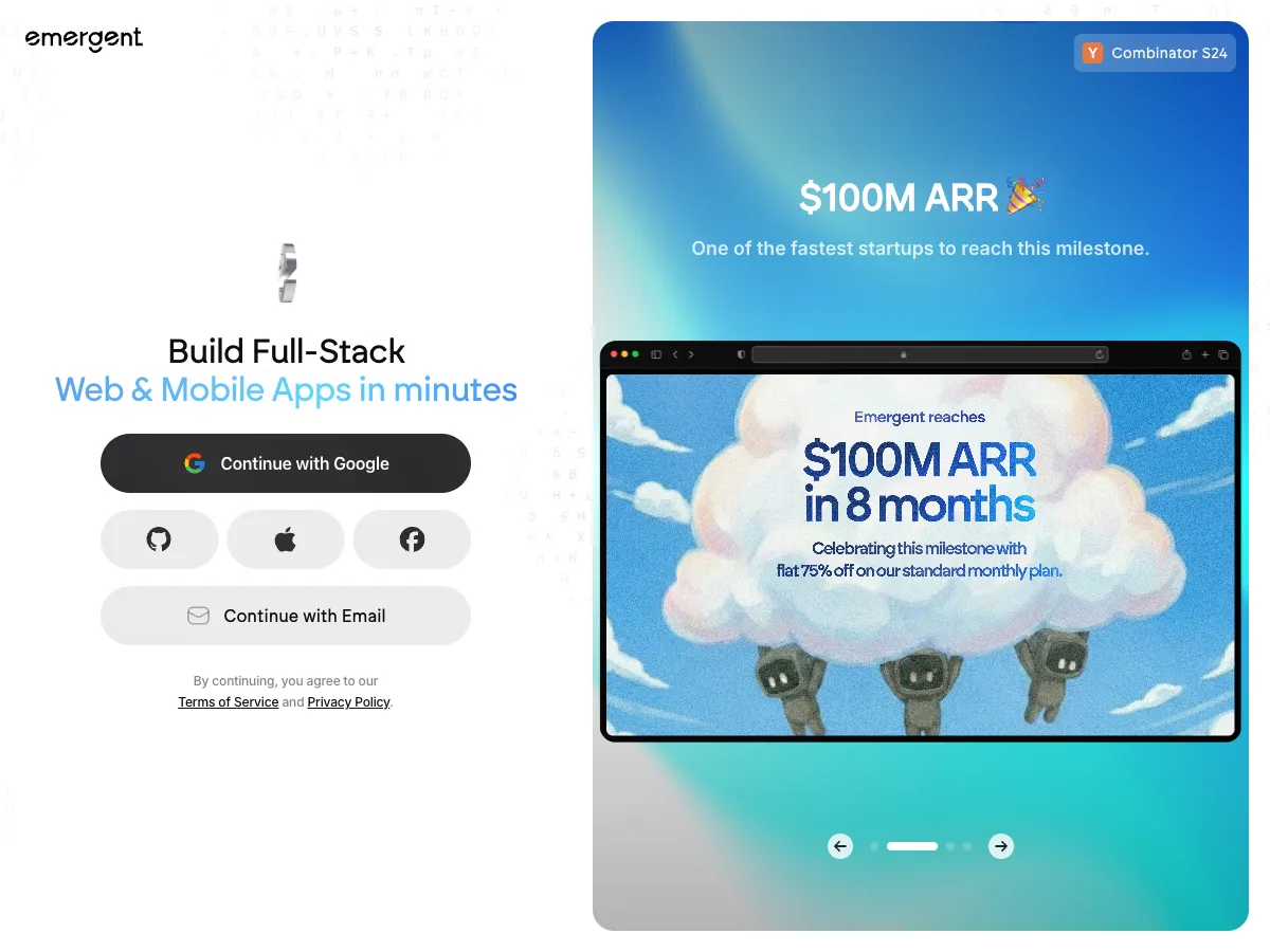 Emergent homepage — full-stack web and mobile app builder