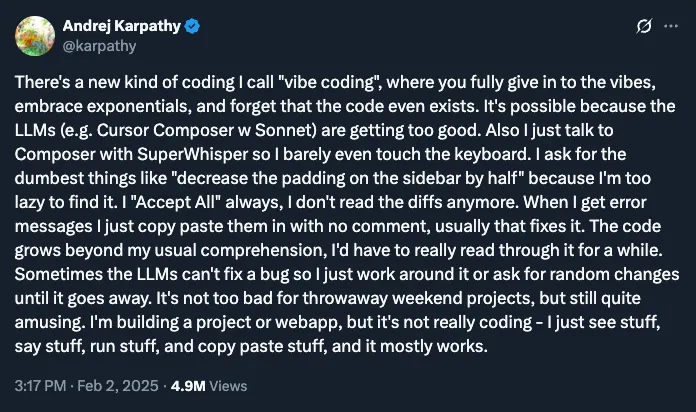 Karpathy coining the term "vibe coding"