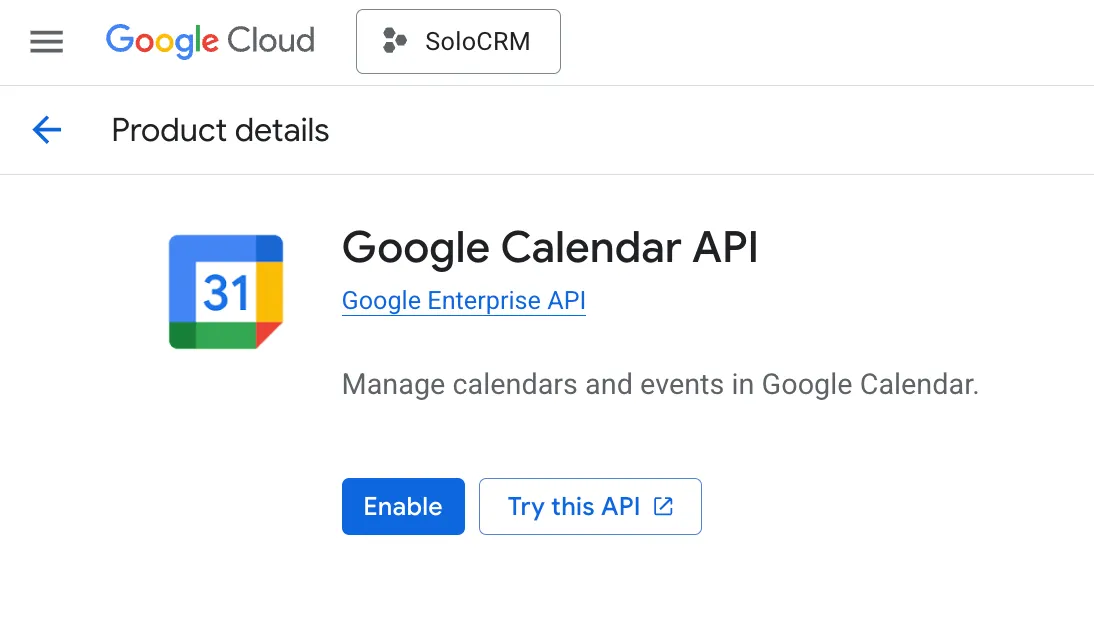 Google Calendar API page with Enable button