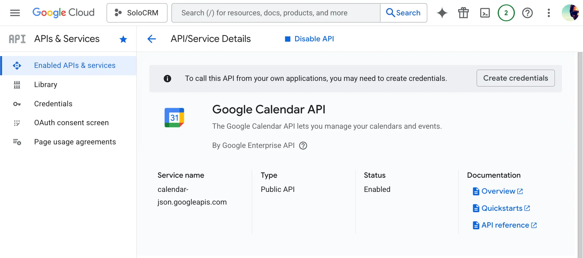 Google Calendar API enabled with Create credentials banner