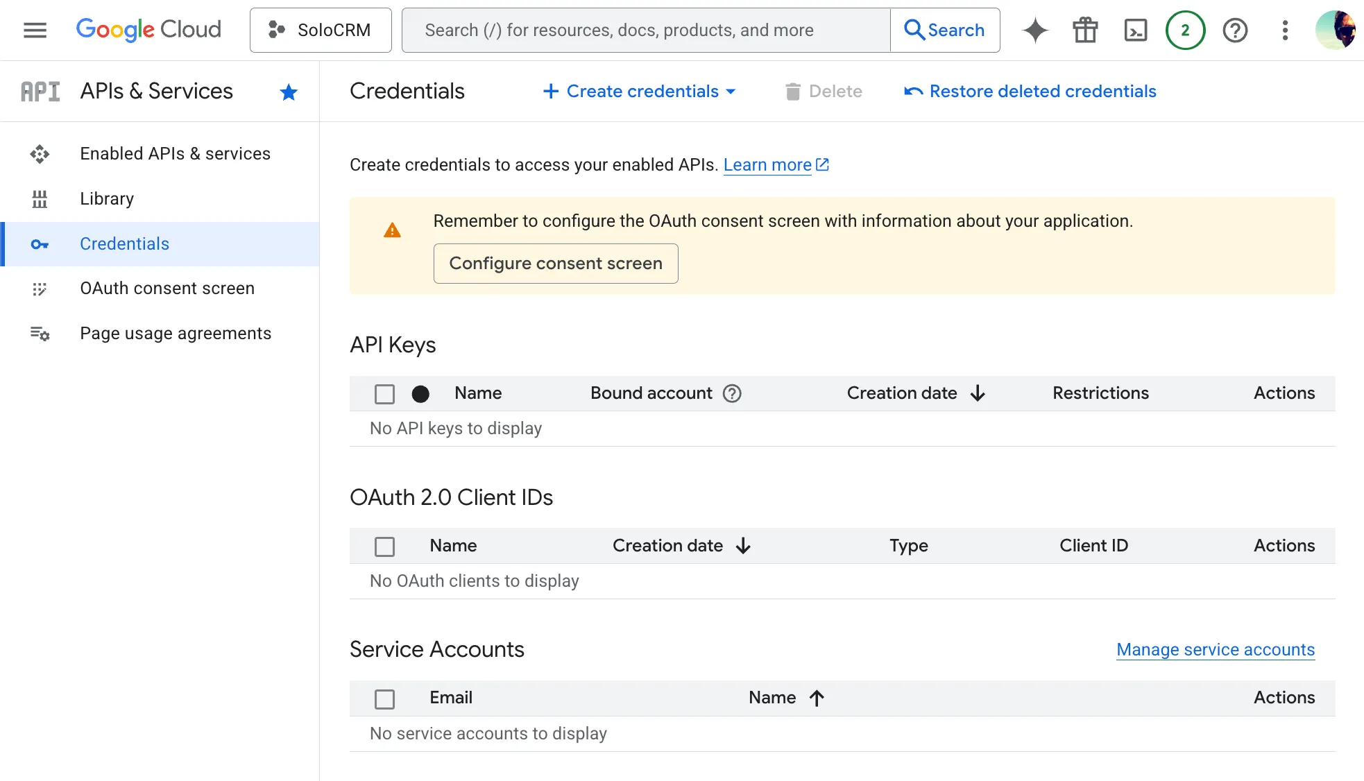 Credentials page showing API Keys, OAuth 2.0 Client IDs, and Service Accounts