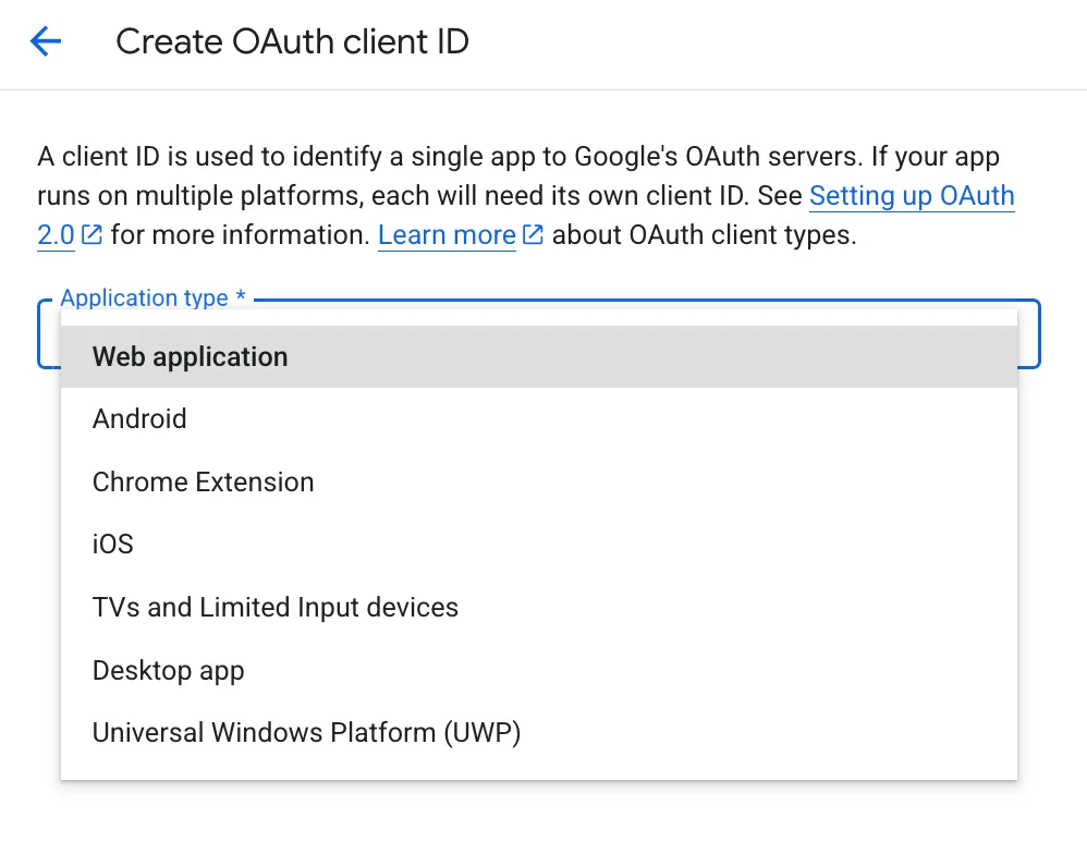 Create OAuth client ID with application type dropdown