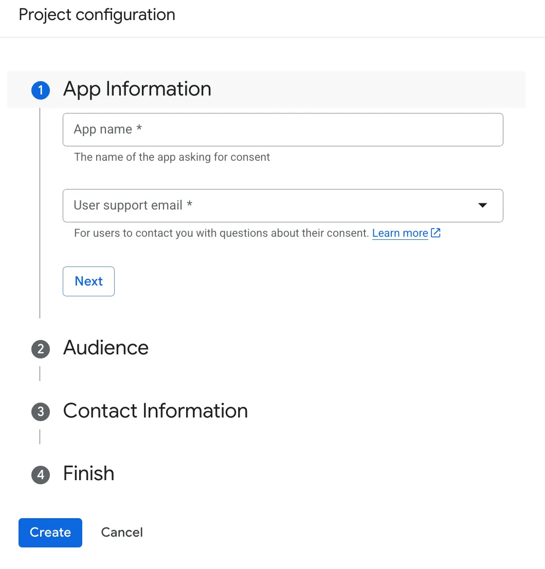 Project configuration wizard showing App Information, Audience, Contact Information, and Finish steps