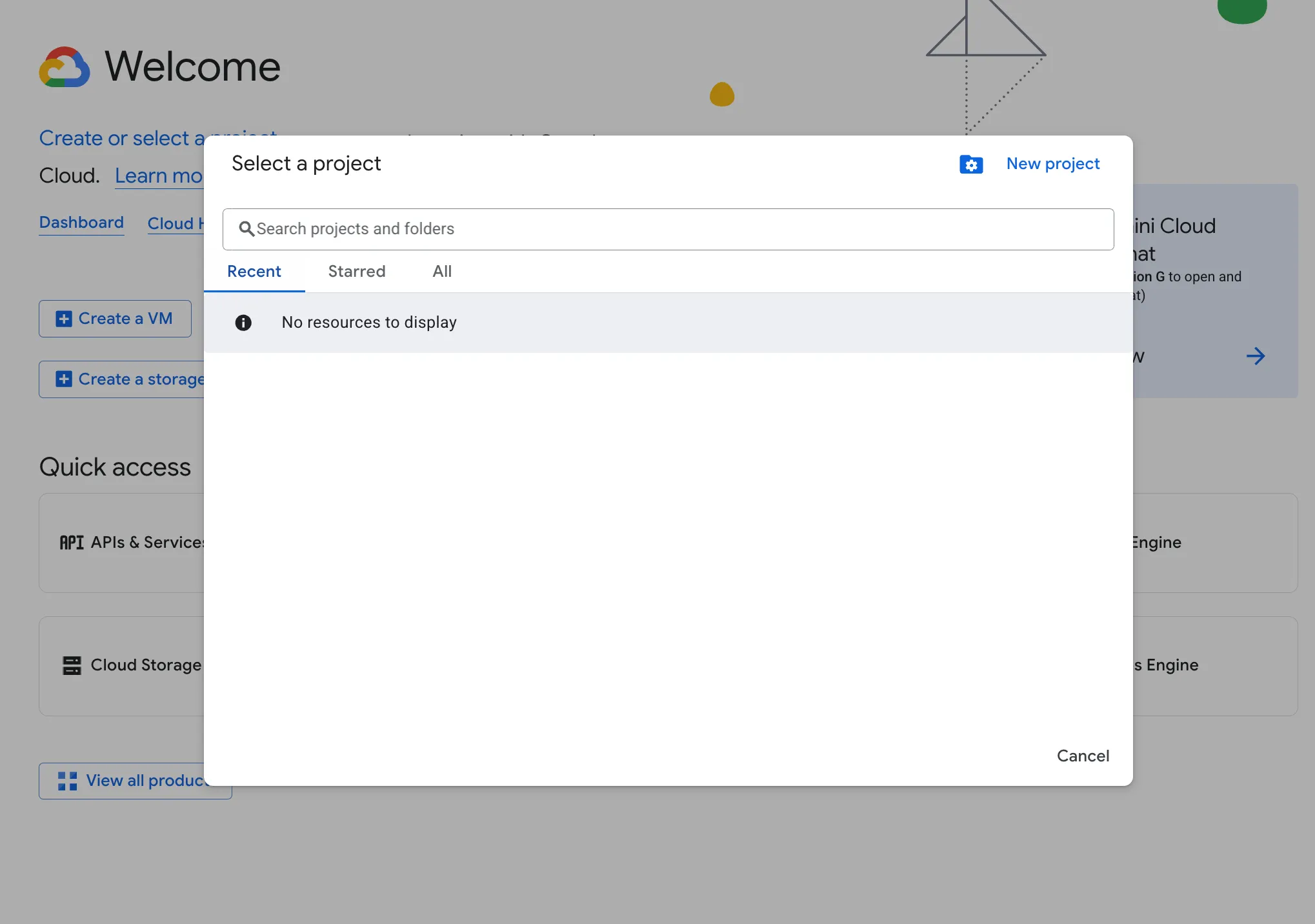 Select a project dialog with New Project option