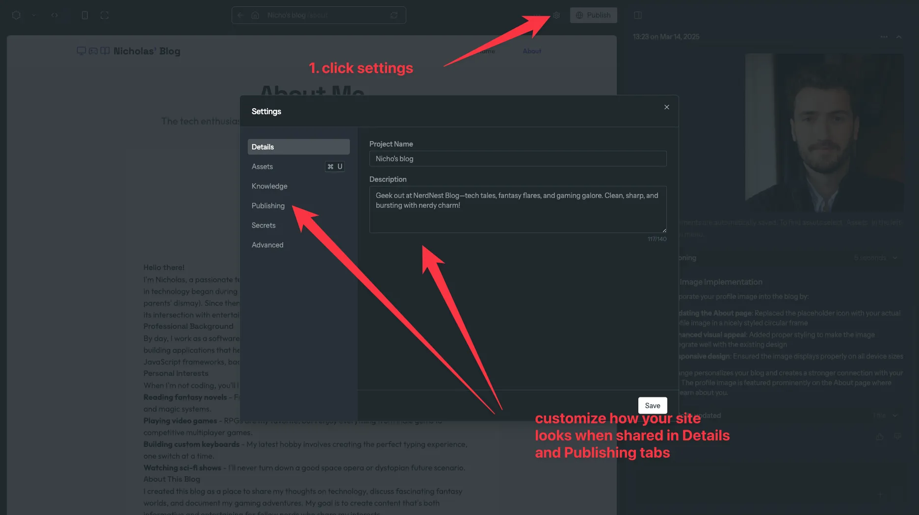 Customizing sharing parameters before publishing