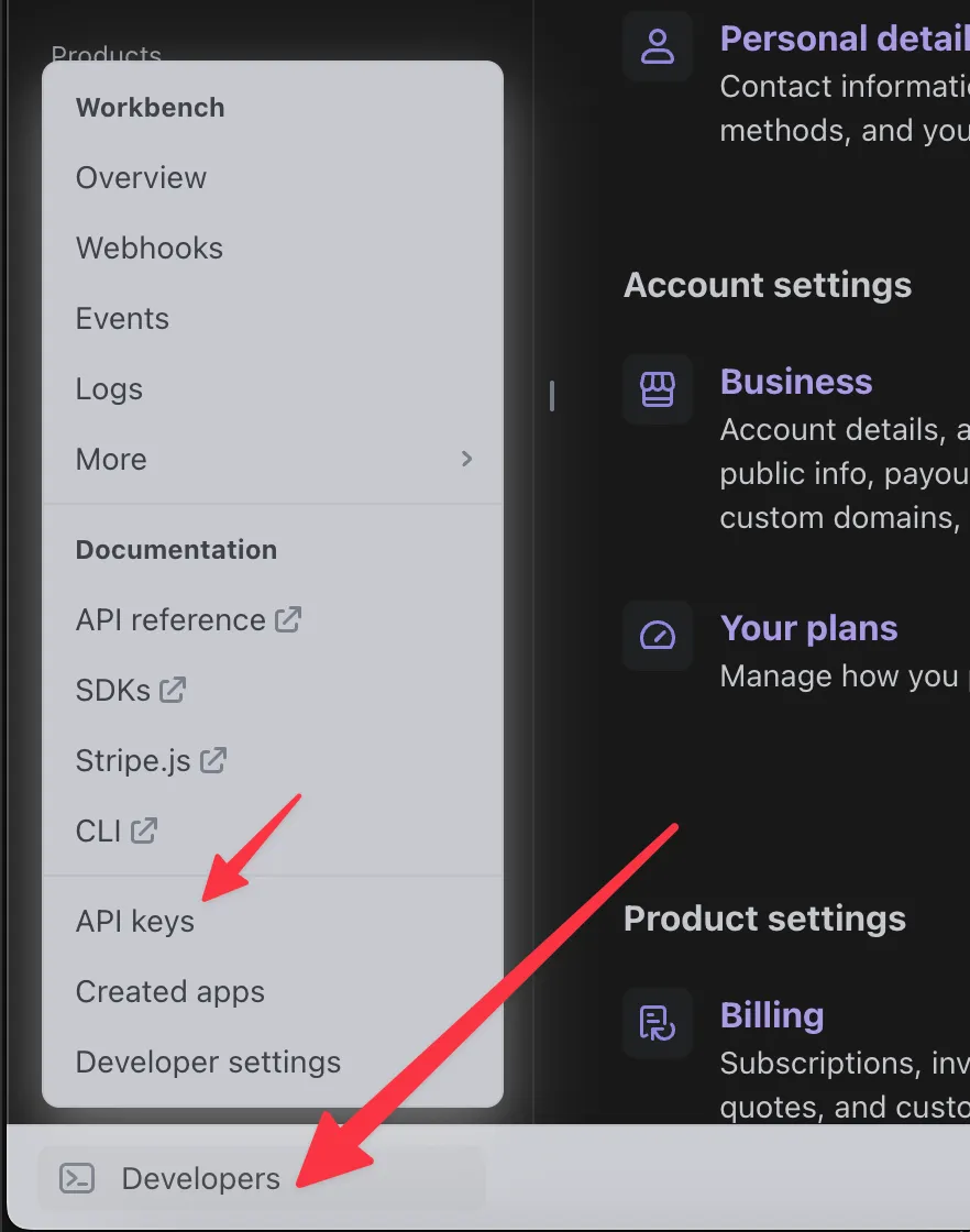 Stripe Secret Key Dropdown