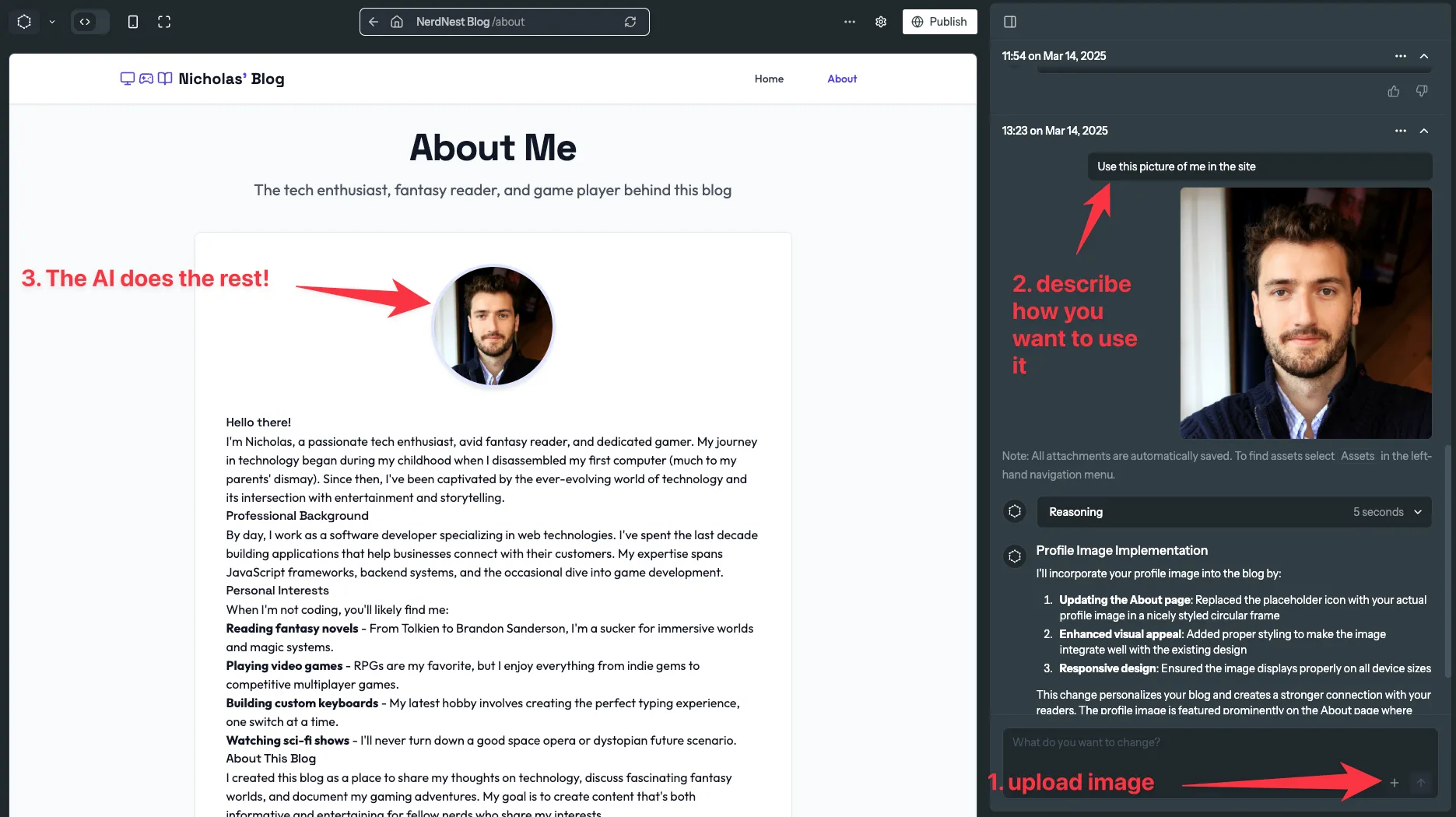 After I uploaded a photo of myself and asked the AI to integrate it into the about page